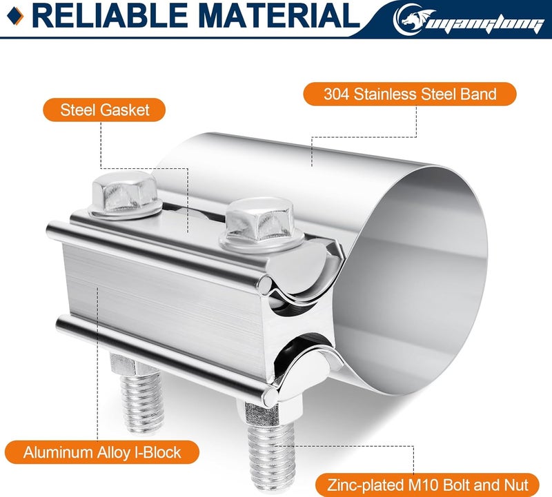 ouyanglong 2.5 Inch Exhaust Clamp, 2 1/2'' Lap Joint Band Clamp Sleeve Coupler for Pipes Catalytic Mufflers Converters, 2 Pairs - Image 4